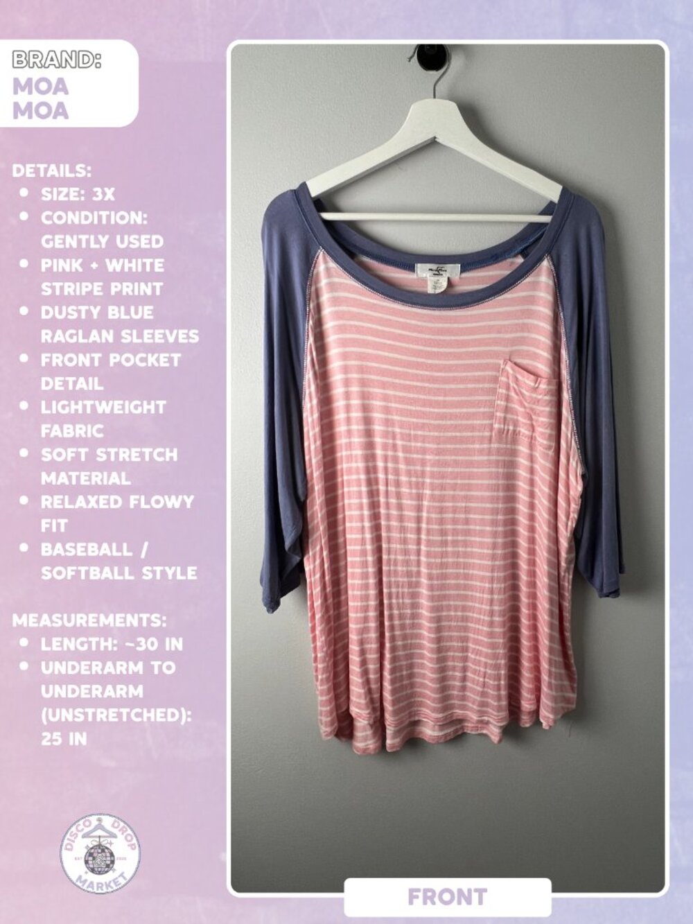 Moa Moa Women’s 3X Pink Stripe Raglan Tunic Top Blue Sleeve Boho Softball Tee